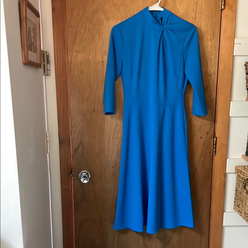 Classic Teal-Blue Midi Dress with Twist Neckline